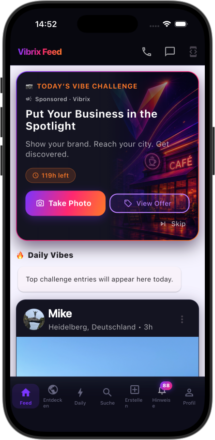 Sponsored Vibrix Challenge with campaign artwork, Take Photo and View Offer actions